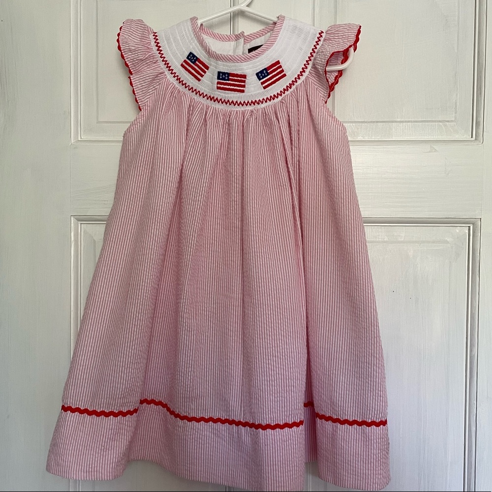 EUC Lil Cactus Red Seersucker Flag Smocked Bishop Dress - 3T